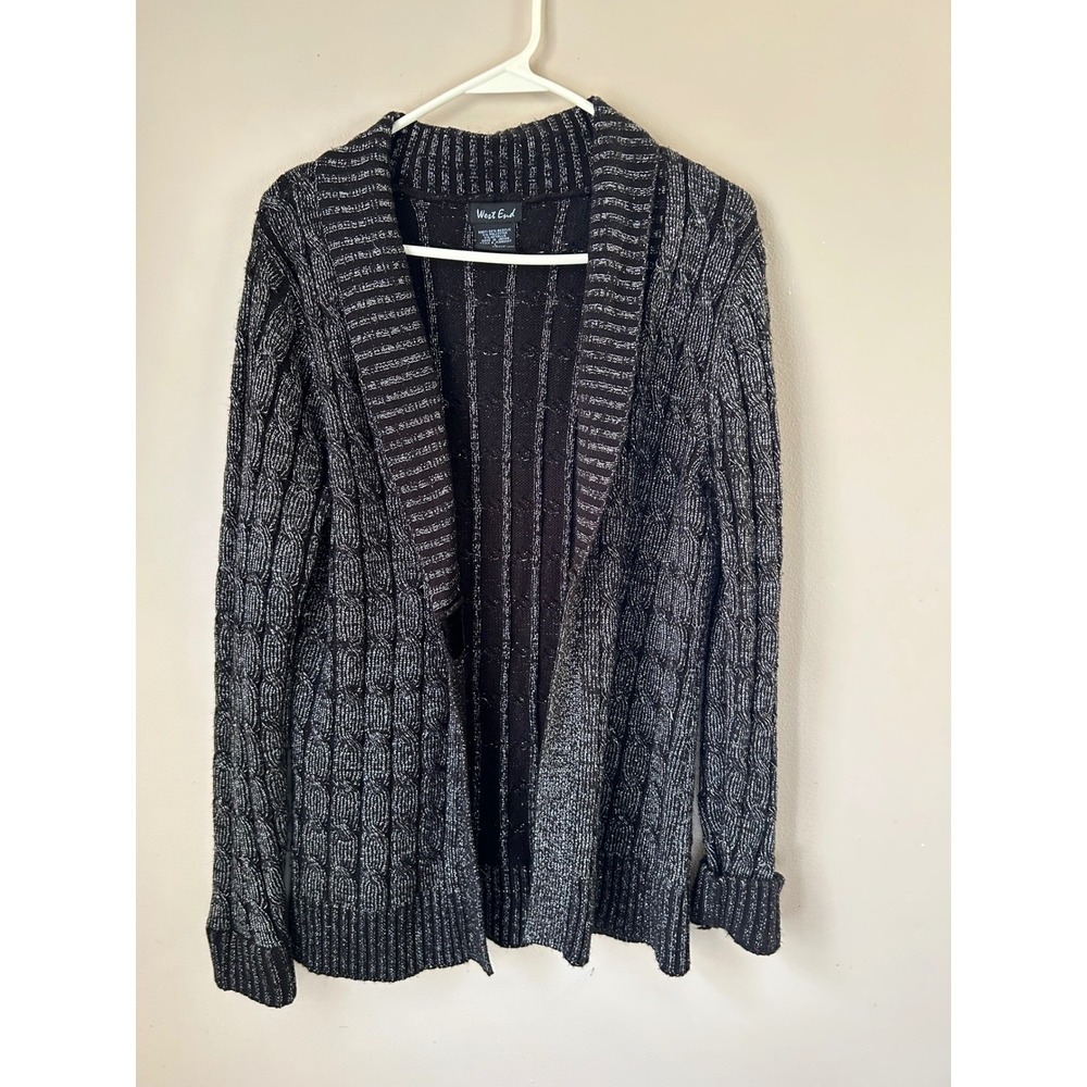 West End Women's Black Silver Metallic Knit Cardigan Sweater Shawl‎ Collar Cozy